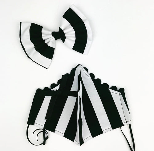 Black and White Stripes Petite Designer Mask Bow Clip Set