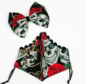 Skull Red Rose Petite Designer Mask Bow Clip Set