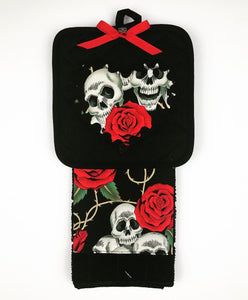 Red Skull and Roses Kitchen Towel Set