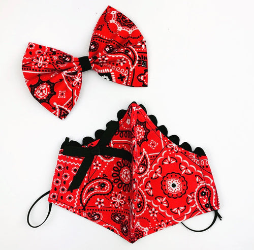 Red Bandanna Petite Designer Mask Bow Clip Set