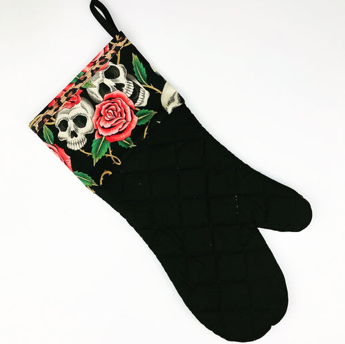 Skull and Pink Rose Kreepy Oven Mitt