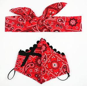 Red Bandanna Petite Designer Mask Headband Set