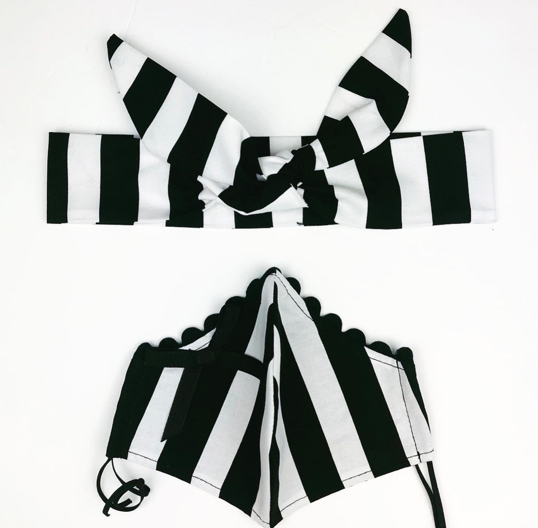 Black and White Striped Petite Designer Mask Headband Set
