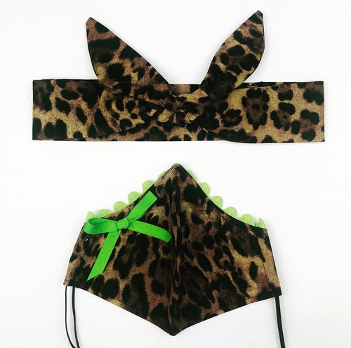 Leopard Green Bow Petite Designer Mask Headband Set