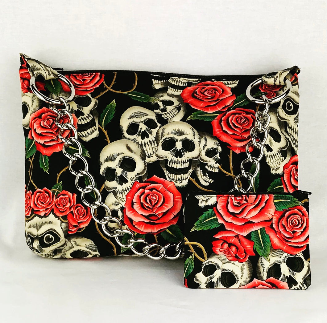 Skull and Pink Rose Chain Bag w/Coin Purse