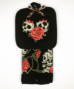 Pink Skull and Roses Kitchen Towel Set