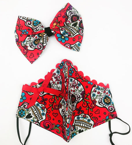 Red Sugar Skull Petite Designer Mask Bow Clip Set