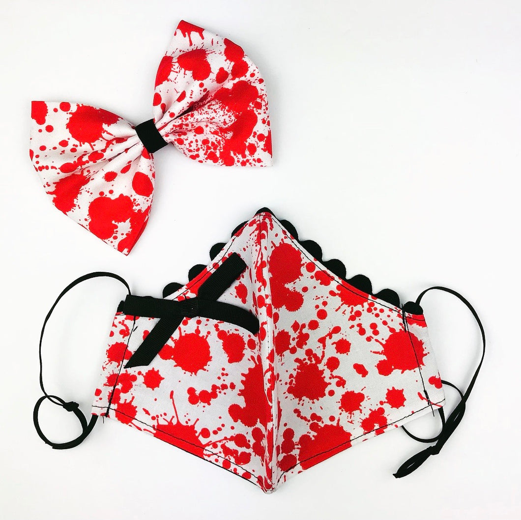 Blood Spatter Petite Designer Mask Bow Clip Set