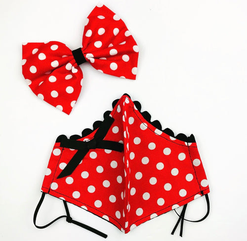 Red Poko Dot Petite Designer Mask Bow Clip Set