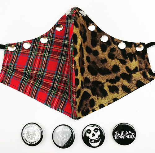 Red Plaid/ Leopard Studded Punk Mask (1 Pin)