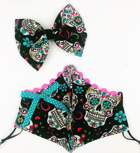 Black Sugar Skull Petite Designer Mask Bow Clip Set